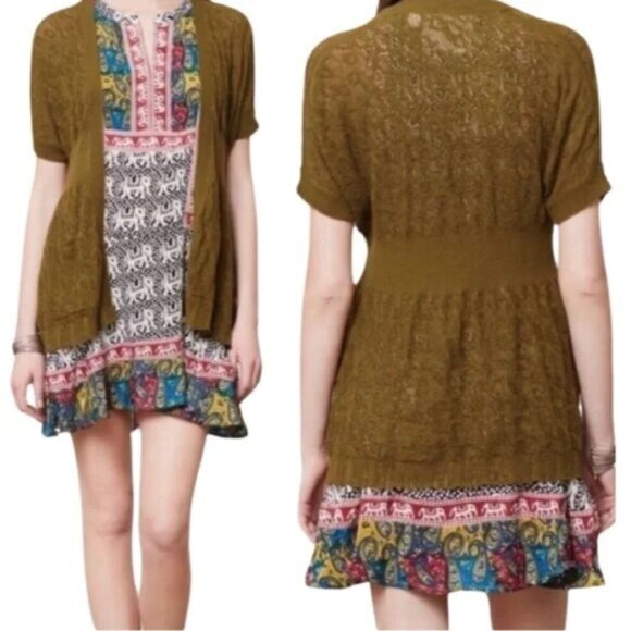 Anthropologie Angel of the North Olive Green Open-Front Knit Crochet Cardigan - Picture 1 of 7